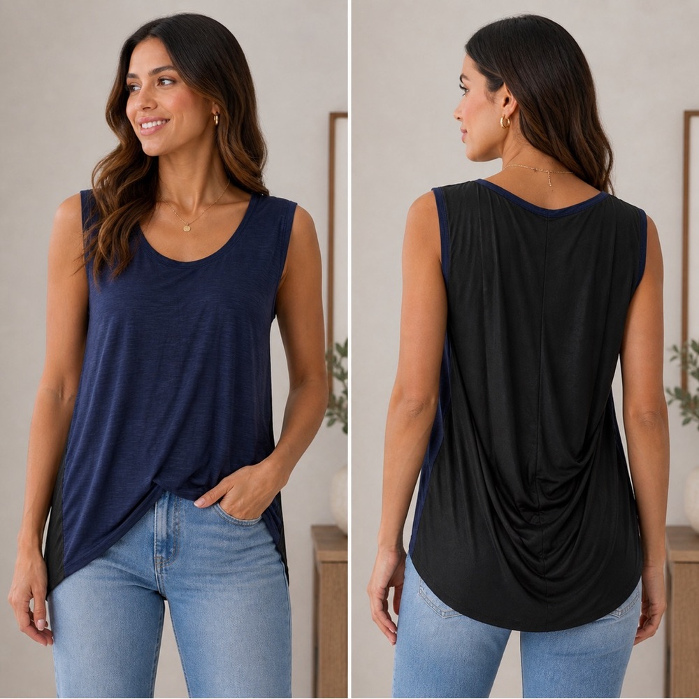 BCBGMaxAzria Navy Front Black Draped-Back Sleeveless Tank